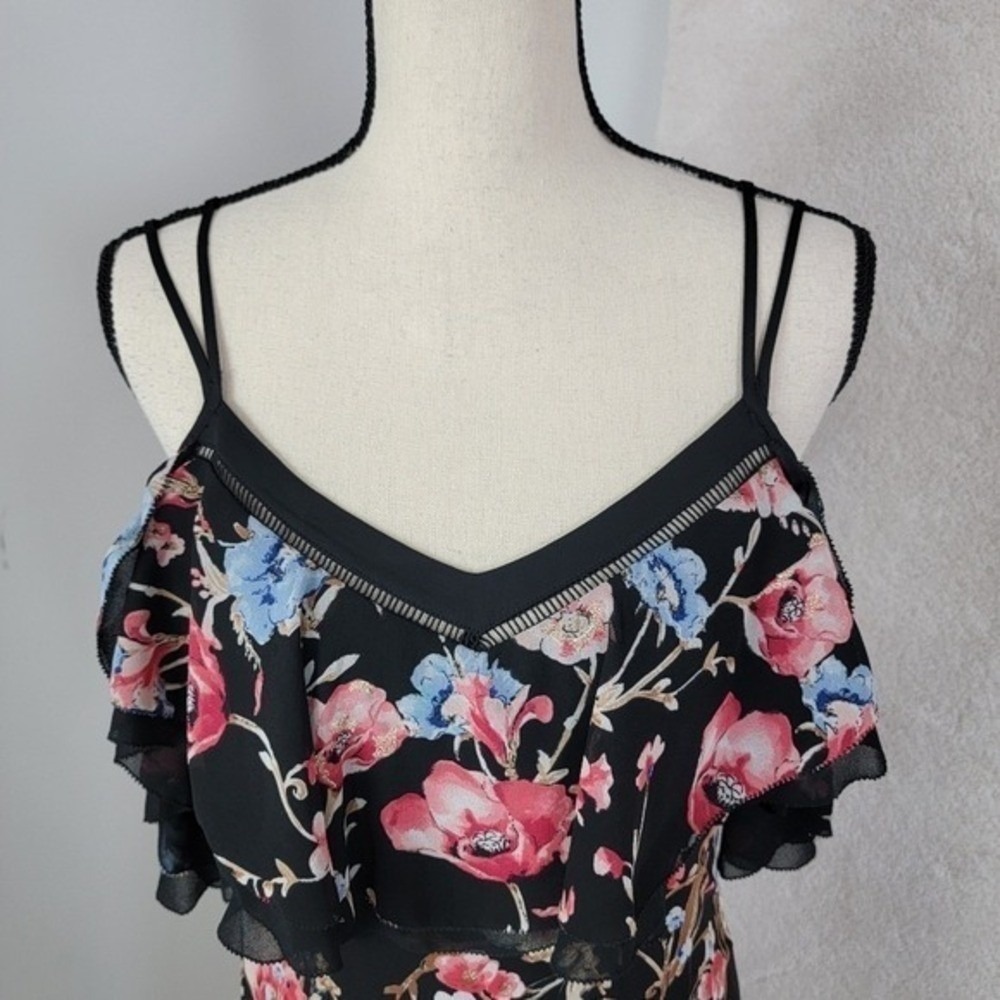 WHBM Floral Maxi Dress 6 Black Pink Cold Shoulder Ruffle Cottagecore Whimsigoth - Picture 12 of 13